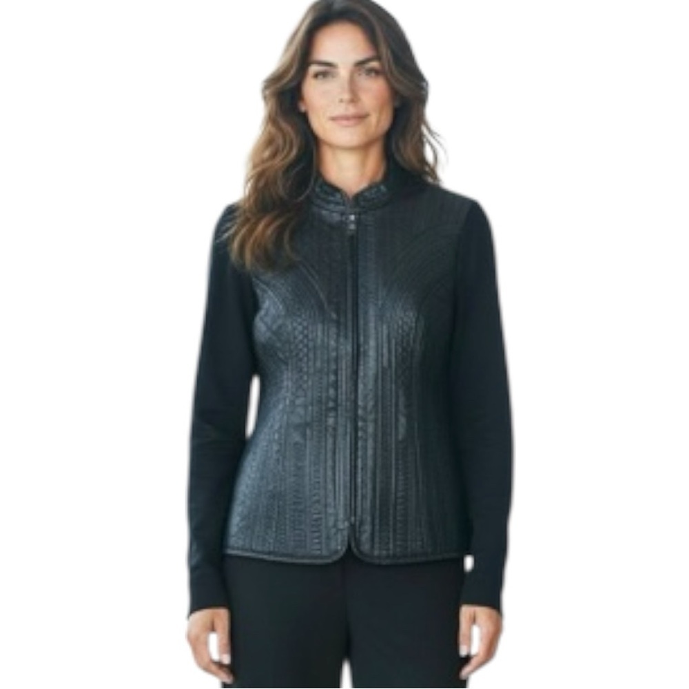 Nygard Black Textured Leather Front Blazer Jacket S Knit Long Sleeve Minimalist